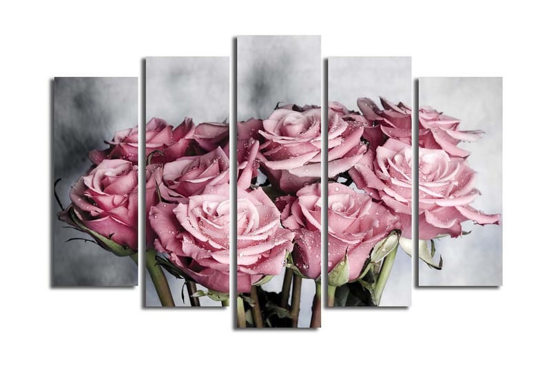 Suuri canvas-taulu, 5 osaa, 105x70 cm - Vaaleanpunaisia ruusuja ja vesipisaroita, Vaaleanpunainen / Vihreä / Valkoinen