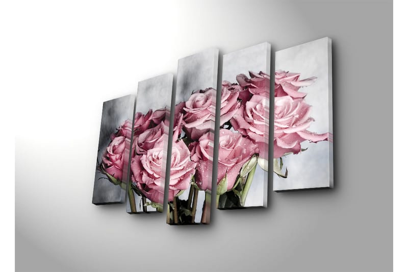 Suuri canvas-taulu, 5 osaa, 105x70 cm - Vaaleanpunaisia ruusuja ja vesipisaroita - Vaaleanpunainen / Vihreä / Valkoinen - Sisustustuotteet - Taulu & taide - Canvas-taulu