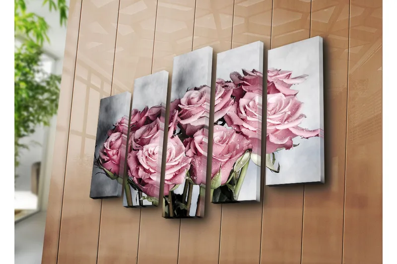 Suuri canvas-taulu, 5 osaa, 105x70 cm - Vaaleanpunaisia ruusuja ja vesipisaroita - Vaaleanpunainen / Vihreä / Valkoinen - Sisustustuotteet - Taulu & taide - Canvas-taulu