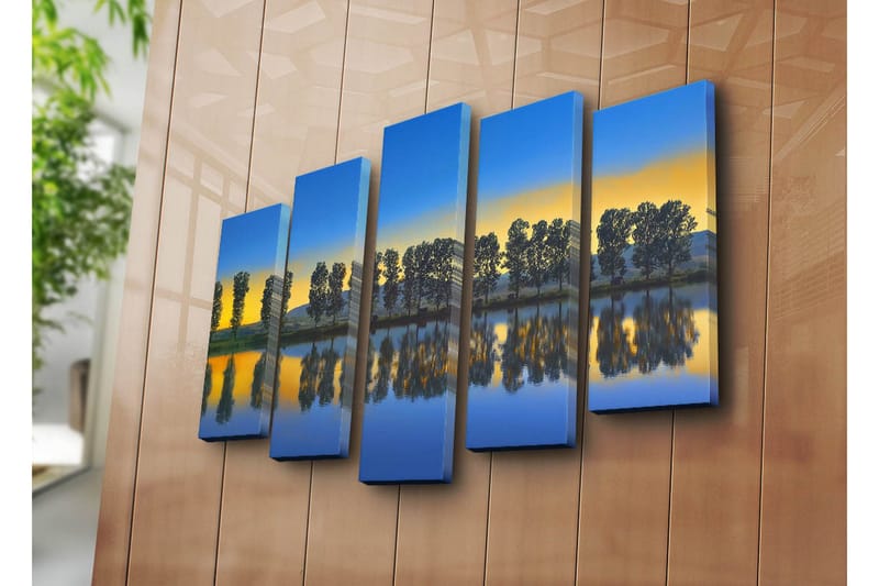 Suuri canvas-taulu, 5 osaa, 105x70 cm - Peilikuva puista järven rannalla auringonlaskun aikaan - Sininen / Keltainen / Vihreä - Sisustustuotteet - Taulu & taide - Canvas-taulu