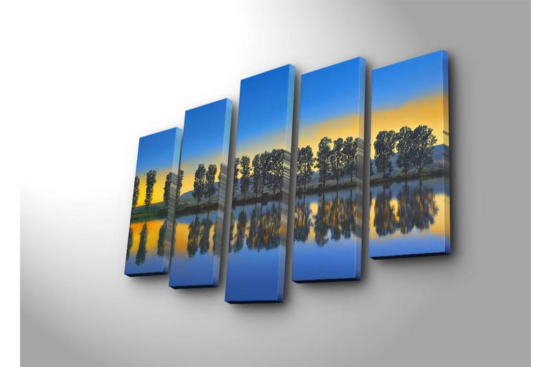 Suuri canvas-taulu, 5 osaa, 105x70 cm - Peilikuva puista järven rannalla auringonlaskun aikaan - Sininen / Keltainen / Vihreä - Sisustustuotteet - Taulu & taide - Canvas-taulu