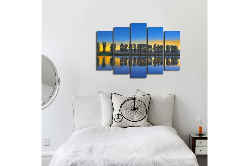 Suuri canvas-taulu, 5 osaa, 105x70 cm - Peilikuva puista järven rannalla auringonlaskun aikaan - Sininen / Keltainen / Vihreä - Sisustustuotteet - Taulu & taide - Canvas-taulu