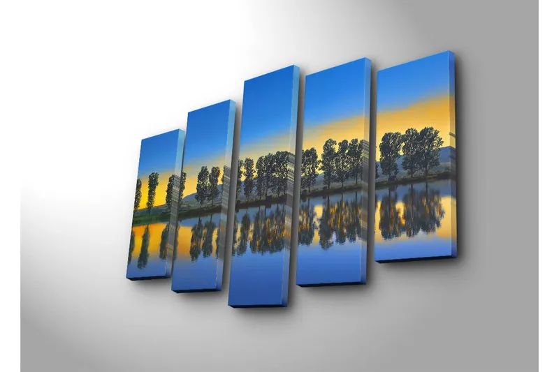 Suuri canvas-taulu, 5 osaa, 105x70 cm - Peilikuva puista järven rannalla auringonlaskun aikaan - Sininen / Keltainen / Vihreä - Sisustustuotteet - Taulu & taide - Canvas-taulu