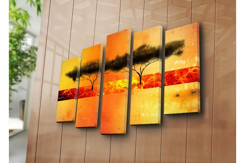 Suuri canvas-taulu, 5 osaa, 105x70 cm - Puiden siluetti värikästä auringonlaskua vasten - Oranssi / Keltainen / Musta - Sisustustuotteet - Taulu & taide - Canvas-taulu