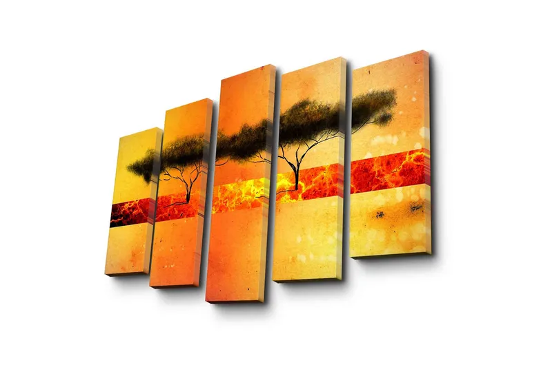 Suuri canvas-taulu, 5 osaa, 105x70 cm - Puiden siluetti värikästä auringonlaskua vasten, Oranssi / Keltainen / Musta