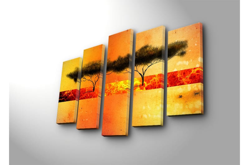 Suuri canvas-taulu, 5 osaa, 105x70 cm - Puiden siluetti värikästä auringonlaskua vasten - Oranssi / Keltainen / Musta - Sisustustuotteet - Taulu & taide - Canvas-taulu