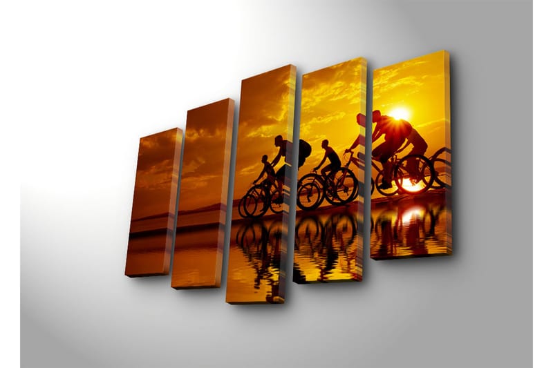 Suuri canvas-taulu, 5 osaa, 105x70 cm - Pyöräilijöiden siluetteja auringonlaskua vasten - Kulta / Oranssi / Musta - Sisustustuotteet - Taulu & taide - Canvas-taulu