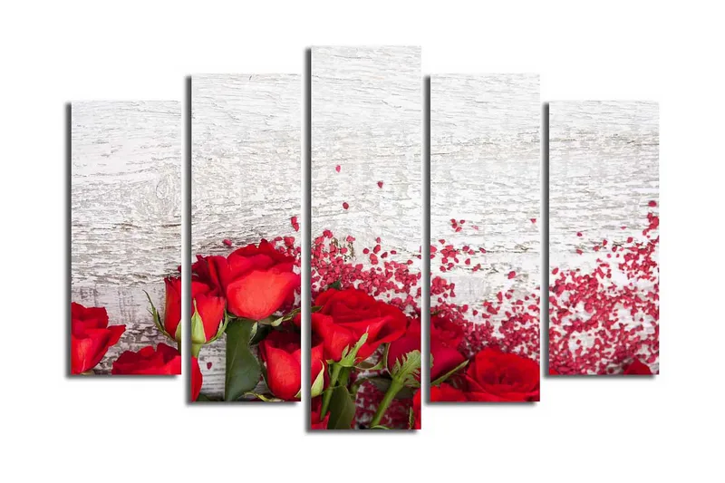 Suuri canvas-taulu, 5 osaa, 105x70 cm - Punaisia ruusuja romanttisilla elementeillä, Punainen / Vihreä
