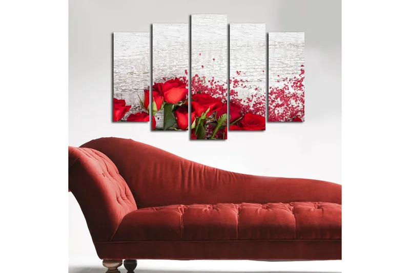 Suuri canvas-taulu, 5 osaa, 105x70 cm - Punaisia ruusuja romanttisilla elementeillä - Punainen / Vihreä - Sisustustuotteet - Taulu & taide - Canvas-taulu