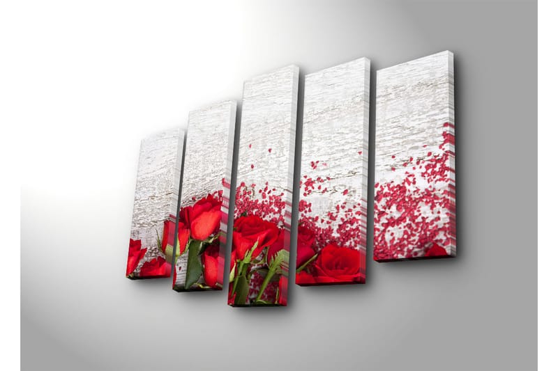 Suuri canvas-taulu, 5 osaa, 105x70 cm - Punaisia ruusuja romanttisilla elementeillä - Punainen / Vihreä - Sisustustuotteet - Taulu & taide - Canvas-taulu
