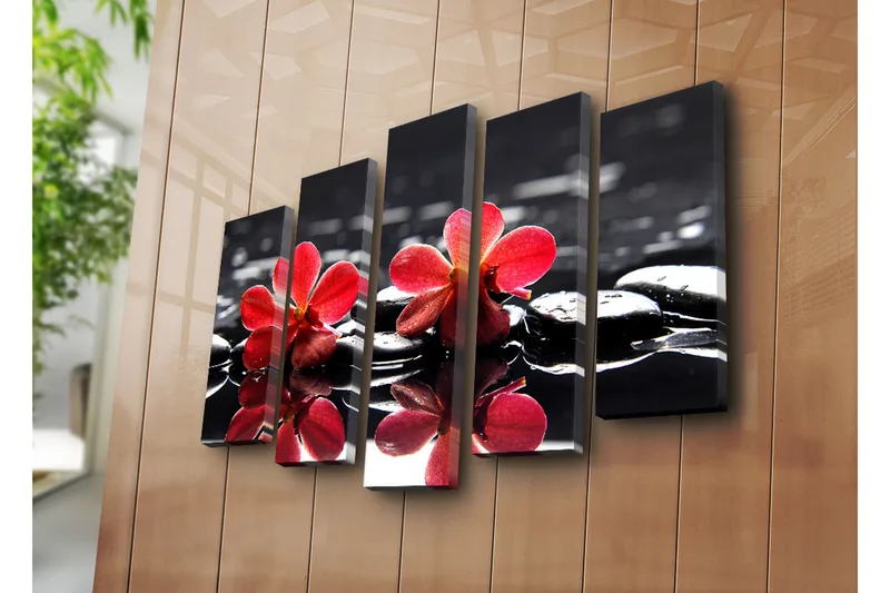 Suuri canvas-taulu, 5 osaa, 105x70 cm - Punaisia kukkia mustilla kivillä vedessä - Punainen / Musta - Sisustustuotteet - Taulu & taide - Canvas-taulu