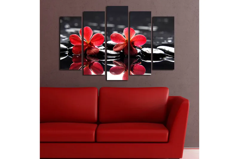 Suuri canvas-taulu, 5 osaa, 105x70 cm - Punaisia kukkia mustilla kivillä vedessä - Punainen / Musta - Sisustustuotteet - Taulu & taide - Canvas-taulu