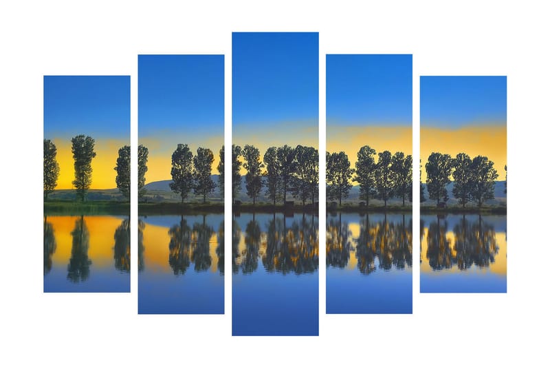 Suuri canvas-taulu, 5 osaa, 105x70 cm - Peilikuva puista järven rannalla auringonlaskun aikaan - Sininen / Keltainen / Vihreä - Sisustustuotteet - Taulu & taide - Canvas-taulu