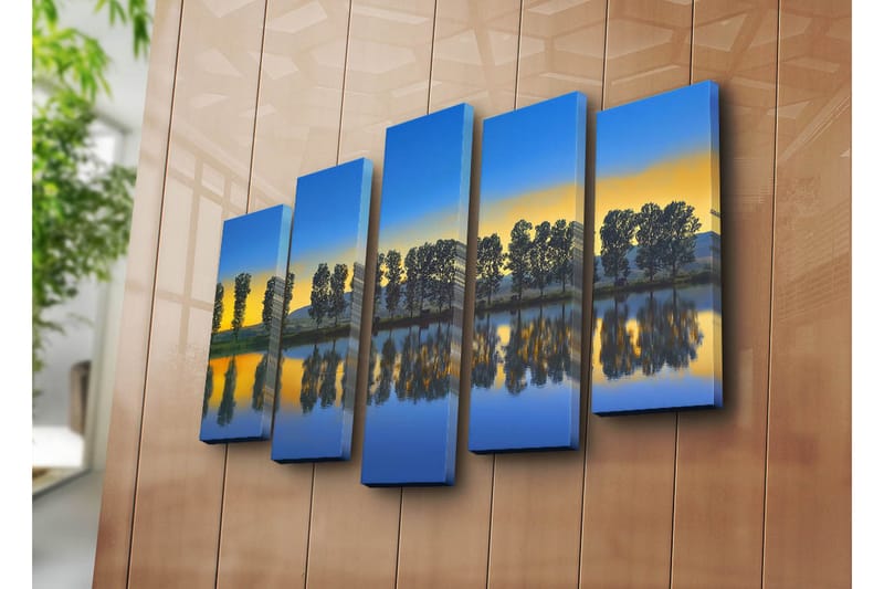 Suuri canvas-taulu, 5 osaa, 105x70 cm - Peilikuva puista järven rannalla auringonlaskun aikaan - Sininen / Keltainen / Vihreä - Sisustustuotteet - Taulu & taide - Canvas-taulu