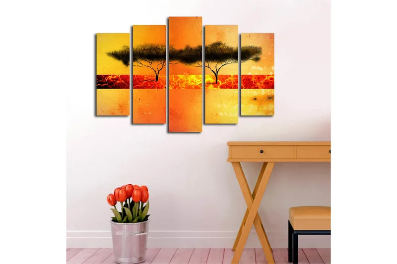 Suuri canvas-taulu, 5 osaa, 105x70 cm - Puiden siluetti värikästä auringonlaskua vasten - Oranssi / Keltainen / Musta - Sisustustuotteet - Taulu & taide - Canvas-taulu