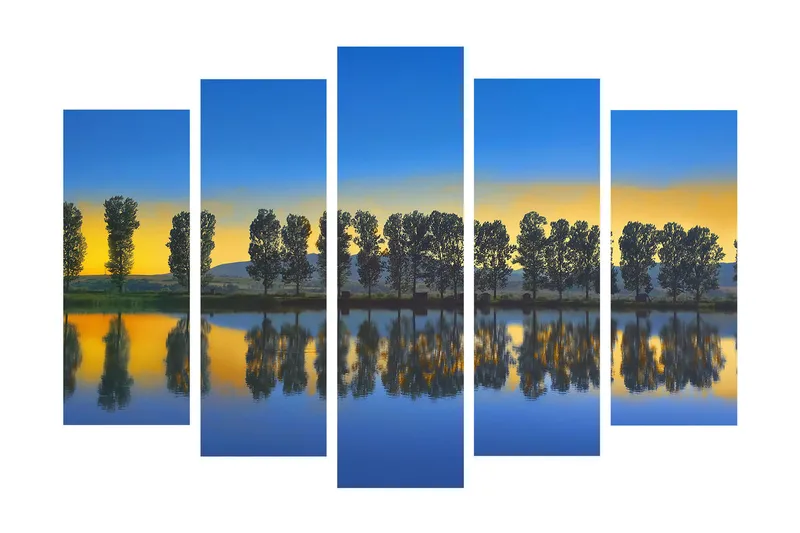 Suuri canvas-taulu, 5 osaa, 105x70 cm - Peilikuva puista järven rannalla auringonlaskun aikaan - Sininen / Keltainen / Vihreä - Sisustustuotteet - Taulu & taide - Canvas-taulu