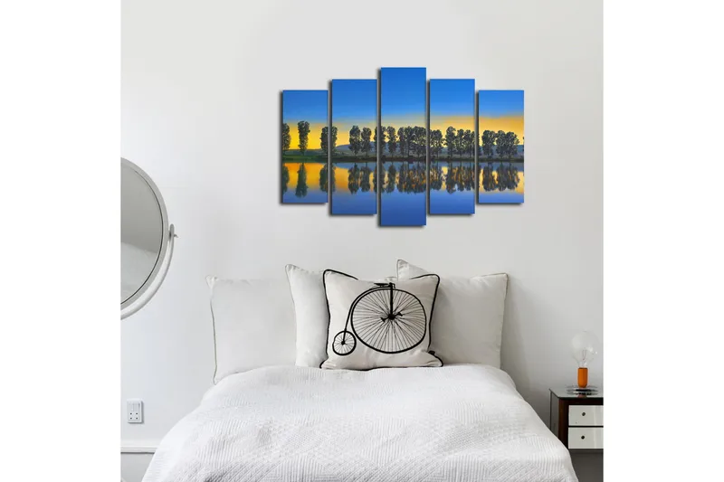 Suuri canvas-taulu, 5 osaa, 105x70 cm - Peilikuva puista järven rannalla auringonlaskun aikaan - Sininen / Keltainen / Vihreä - Sisustustuotteet - Taulu & taide - Canvas-taulu