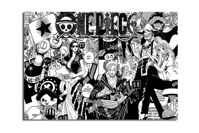 Suuri canvas-taulu 100x70 cm - Dynaaminen kokoelma seikkailutarinan hahmoja, Musta / Valkoinen