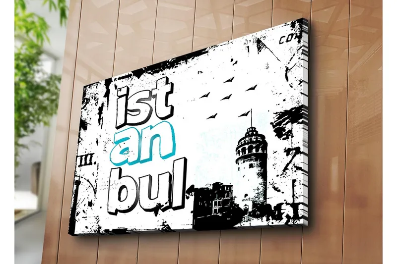 Suuri canvas-taulu 100x70 cm - Istanbulin graafinen esitys tyylitellyllä tekstillä ja tornin siluetilla - Musta / Valkoinen / Turkoosi - Sisustustuotteet - Taulu & taide - Canvas-taulu