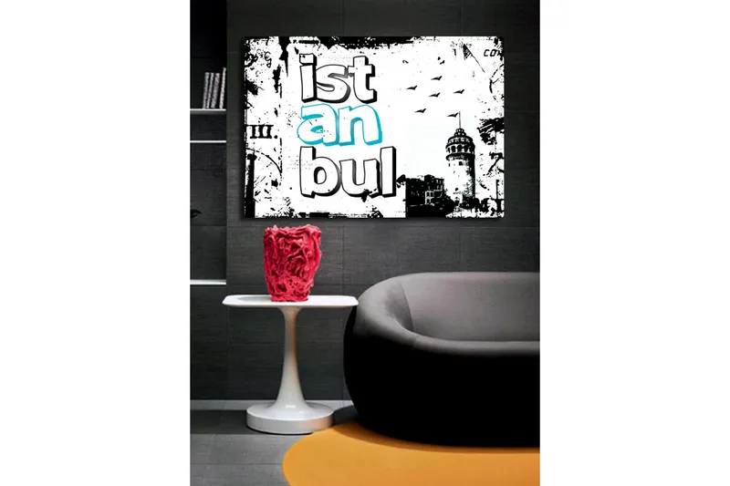 Suuri canvas-taulu 100x70 cm - Istanbulin graafinen esitys tyylitellyllä tekstillä ja tornin siluetilla - Musta / Valkoinen / Turkoosi - Sisustustuotteet - Taulu & taide - Canvas-taulu