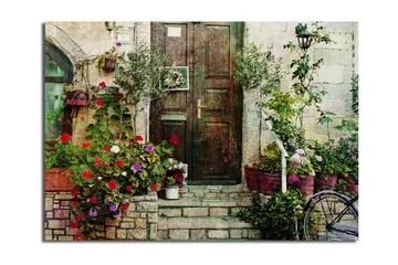 Suuri canvas-taulu 100x70 cm - Kaunis ovi värikkäiden kukkien ja vehreyden ympäröimänä - Punainen / Vihreä / Violetti - Sisustustuotteet - Taulu & taide - Canvas-taulu