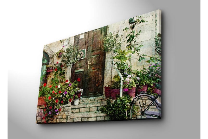 Suuri canvas-taulu 100x70 cm - Kaunis ovi värikkäiden kukkien ja vehreyden ympäröimänä - Punainen / Vihreä / Violetti - Sisustustuotteet - Taulu & taide - Canvas-taulu