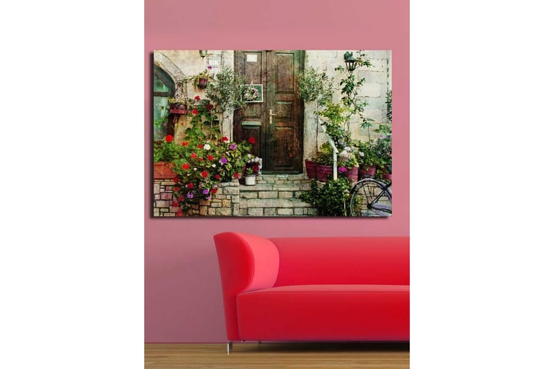 Suuri canvas-taulu 100x70 cm - Kaunis ovi värikkäiden kukkien ja vehreyden ympäröimänä - Punainen / Vihreä / Violetti - Sisustustuotteet - Taulu & taide - Canvas-taulu