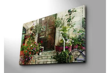 Suuri canvas-taulu 100x70 cm - Kaunis ovi värikkäiden kukkien ja vehreyden ympäröimänä - Punainen / Vihreä / Violetti - Sisustustuotteet - Taulu & taide - Canvas-taulu