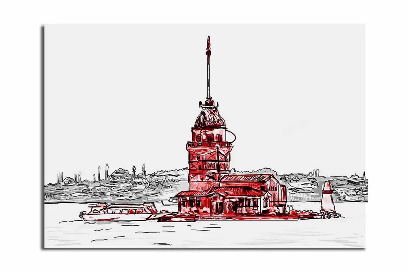 Suuri canvas-taulu 100x70 cm - Majakka meren rannalla ja sitä ympäröivät veneet, Punainen / Musta / Valkoinen