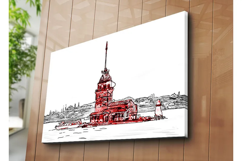 Suuri canvas-taulu 100x70 cm - Majakka meren rannalla ja sitä ympäröivät veneet - Punainen / Musta / Valkoinen - Sisustustuotteet - Taulu & taide - Canvas-taulu