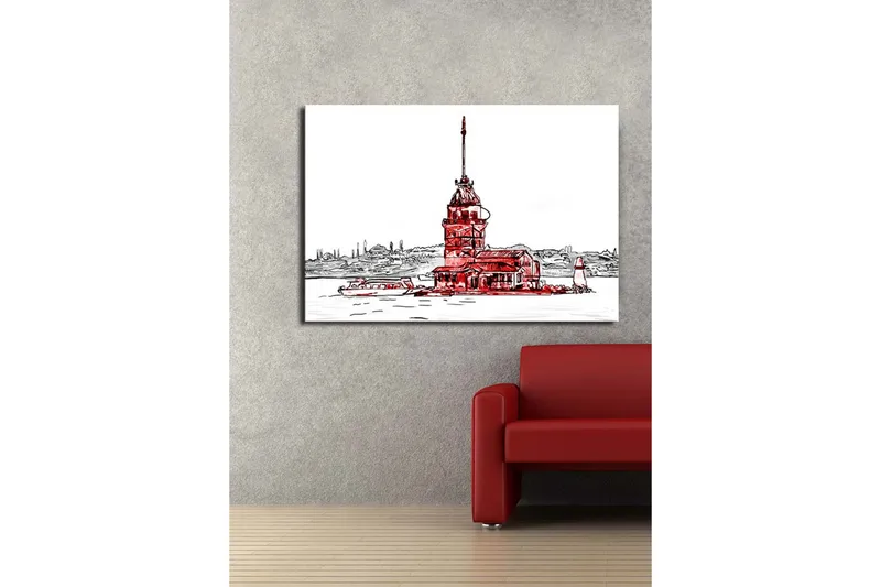 Suuri canvas-taulu 100x70 cm - Majakka meren rannalla ja sitä ympäröivät veneet - Punainen / Musta / Valkoinen - Sisustustuotteet - Taulu & taide - Canvas-taulu