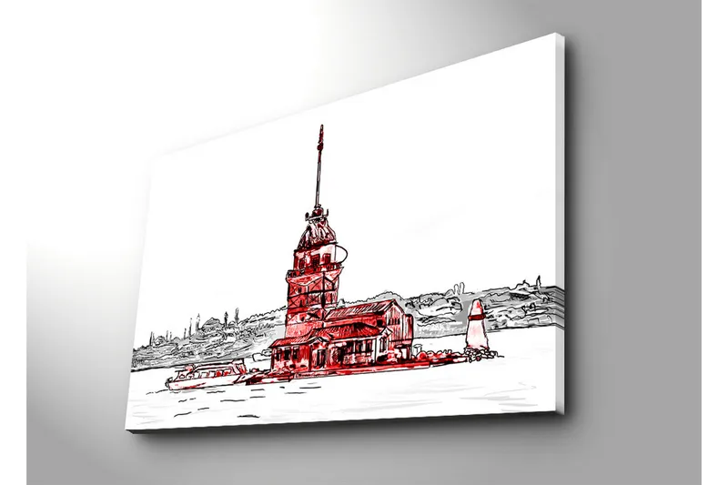 Suuri canvas-taulu 100x70 cm - Majakka meren rannalla ja sitä ympäröivät veneet - Punainen / Musta / Valkoinen - Sisustustuotteet - Taulu & taide - Canvas-taulu