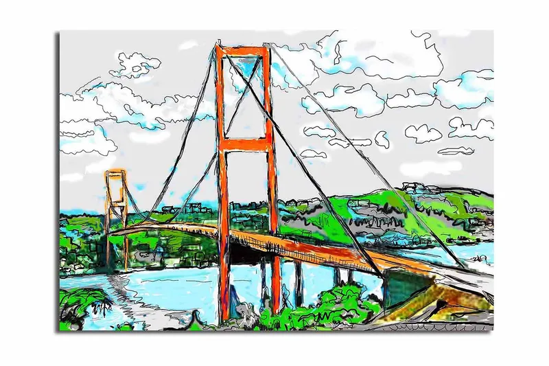 Suuri canvas-taulu 100x70 cm - Riippusilta ympäröivän vehreyden ja taivaan ympäröimänä, Oranssi / Vihreä / Sininen