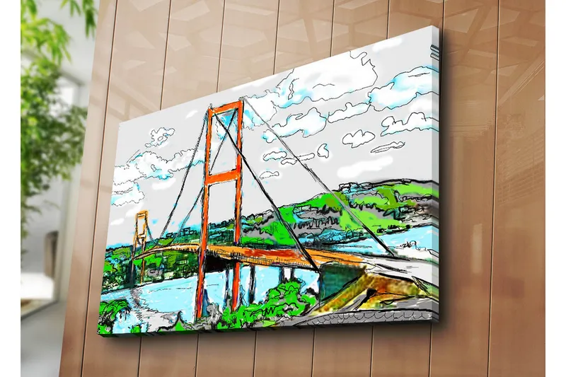 Suuri canvas-taulu 100x70 cm - Riippusilta ympäröivän vehreyden ja taivaan ympäröimänä - Oranssi / Vihreä / Sininen - Sisustustuotteet - Taulu & taide - Canvas-taulu