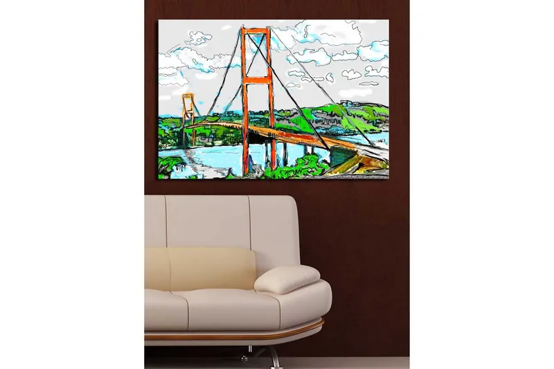Suuri canvas-taulu 100x70 cm - Riippusilta ympäröivän vehreyden ja taivaan ympäröimänä - Oranssi / Vihreä / Sininen - Sisustustuotteet - Taulu & taide - Canvas-taulu