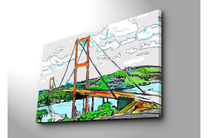 Suuri canvas-taulu 100x70 cm - Riippusilta ympäröivän vehreyden ja taivaan ympäröimänä - Oranssi / Vihreä / Sininen - Sisustustuotteet - Taulu & taide - Canvas-taulu