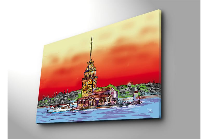 Suuri canvas-taulu 100x70 cm - Värikäs majakka meren rannalla dramaattisella auringonlaskulla - Punainen / Oranssi / Sininen - Sisustustuotteet - Taulu & taide - Canvas-taulu