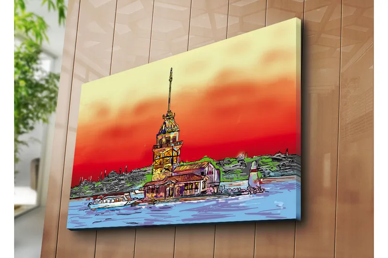 Suuri canvas-taulu 100x70 cm - Värikäs majakka meren rannalla dramaattisella auringonlaskulla - Punainen / Oranssi / Sininen - Sisustustuotteet - Taulu & taide - Canvas-taulu