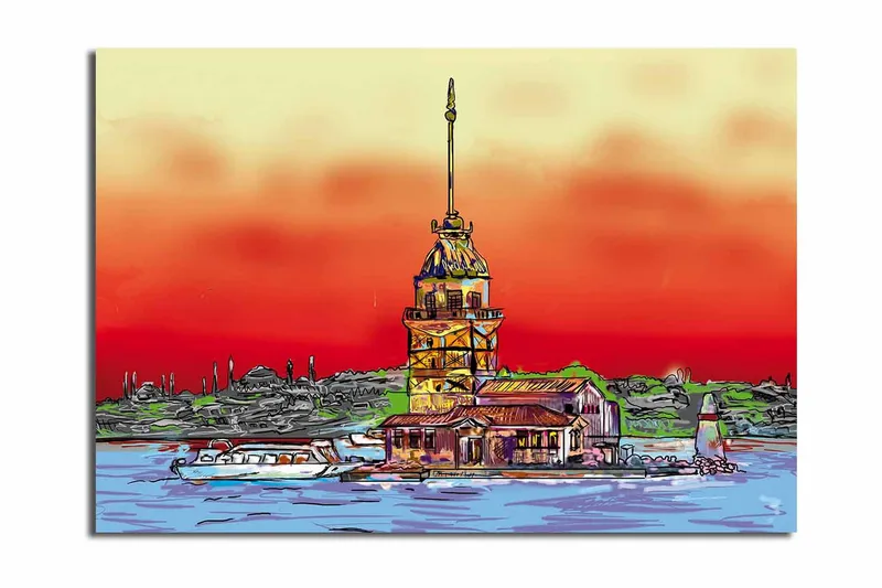 Suuri canvas-taulu 100x70 cm - Värikäs majakka meren rannalla dramaattisella auringonlaskulla, Punainen / Oranssi / Sininen