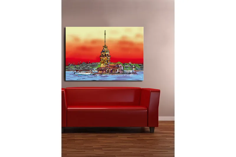 Suuri canvas-taulu 100x70 cm - Värikäs majakka meren rannalla dramaattisella auringonlaskulla - Punainen / Oranssi / Sininen - Sisustustuotteet - Taulu & taide - Canvas-taulu