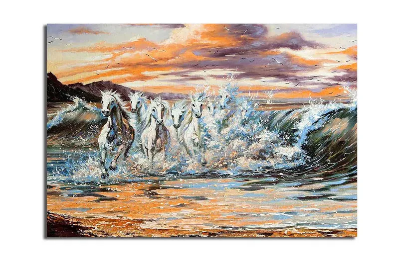 Suuri canvas-taulu 100x70 cm - Villihevoset laukkaamassa aaltojen läpi auringonlaskun aikaan, Valkoinen / Sininen / Oranssi