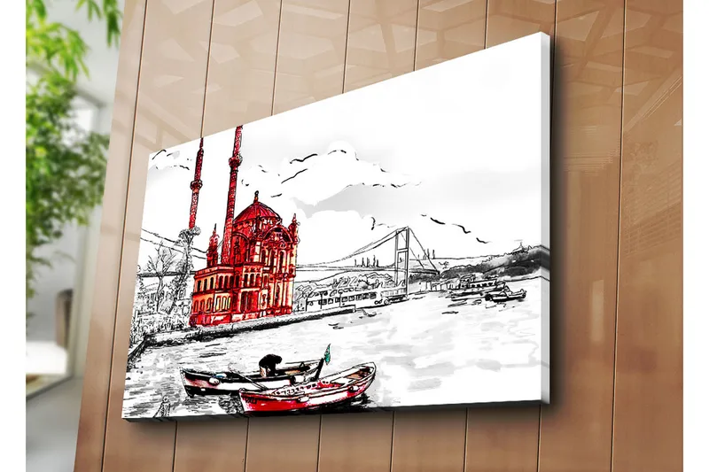 Suuri canvas-taulu 100x70 cm - Punainen rakennus veden äärellä, veneet etualalla, Punainen / Musta / Valkoinen