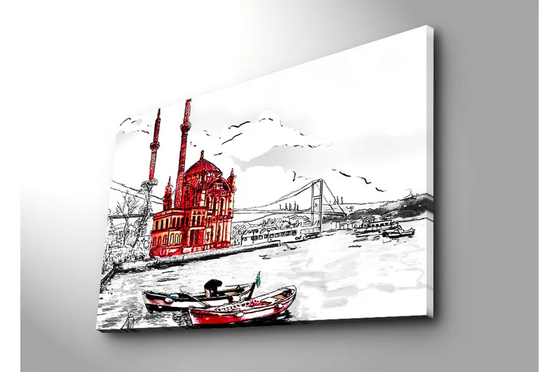 Suuri canvas-taulu 100x70 cm - Punainen rakennus veden äärellä, veneet etualalla - Punainen / Musta / Valkoinen - Sisustustuotteet - Taulu & taide - Canvas-taulu