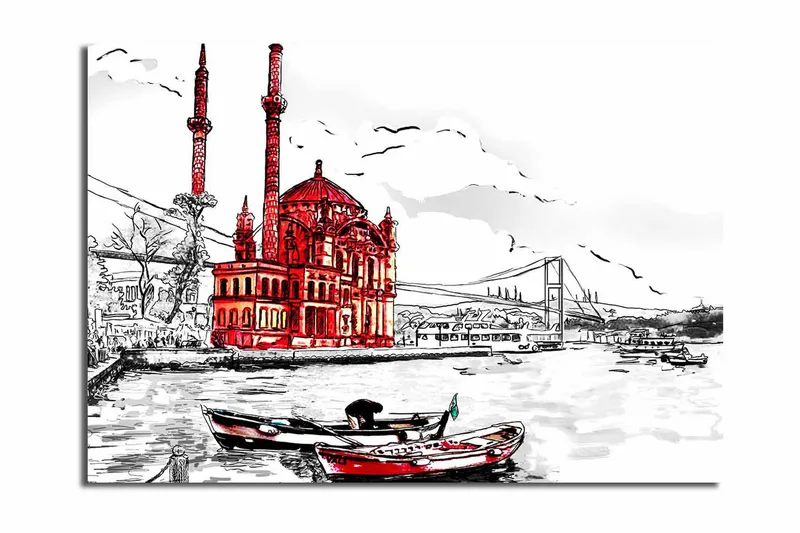 Suuri canvas-taulu 100x70 cm - Punainen rakennus veden äärellä, veneet etualalla - Punainen / Musta / Valkoinen - Sisustustuotteet - Taulu & taide - Canvas-taulu