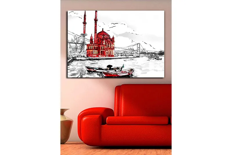 Suuri canvas-taulu 100x70 cm - Punainen rakennus veden äärellä, veneet etualalla - Punainen / Musta / Valkoinen - Sisustustuotteet - Taulu & taide - Canvas-taulu