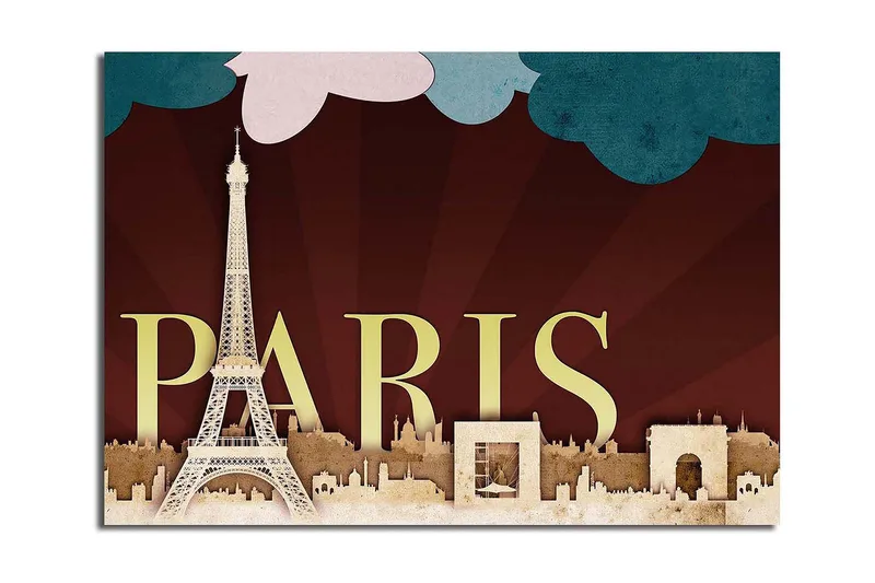 Suuri canvas-taulu 100x70 cm - Pariisin siluetti Eiffel-tornin ja kaupungin ikonisten rakennusten kanssa, Tummanpunainen / Beige / Turkoosi