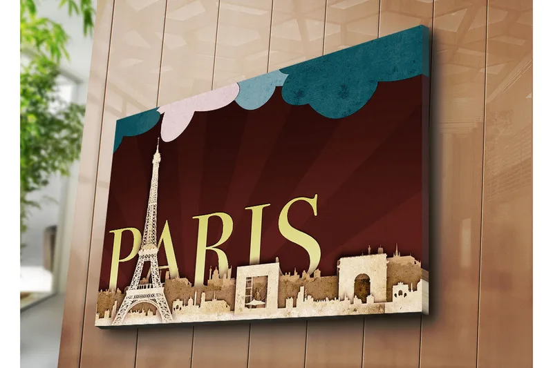 Suuri canvas-taulu 100x70 cm - Pariisin siluetti Eiffel-tornin ja kaupungin ikonisten rakennusten kanssa - Tummanpunainen / Beige / Turkoosi - Sisustustuotteet - Taulu & taide - Canvas-taulu