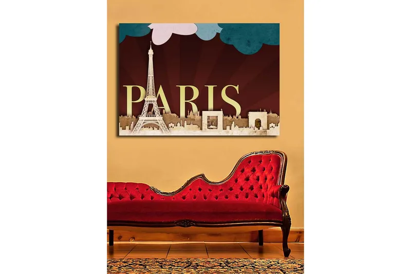 Suuri canvas-taulu 100x70 cm - Pariisin siluetti Eiffel-tornin ja kaupungin ikonisten rakennusten kanssa - Tummanpunainen / Beige / Turkoosi - Sisustustuotteet - Taulu & taide - Canvas-taulu