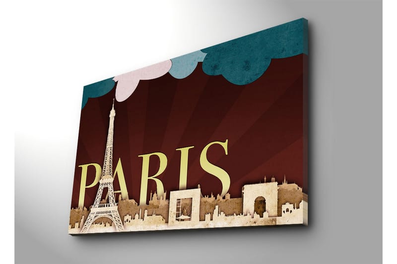 Suuri canvas-taulu 100x70 cm - Pariisin siluetti Eiffel-tornin ja kaupungin ikonisten rakennusten kanssa - Tummanpunainen / Beige / Turkoosi - Sisustustuotteet - Taulu & taide - Canvas-taulu