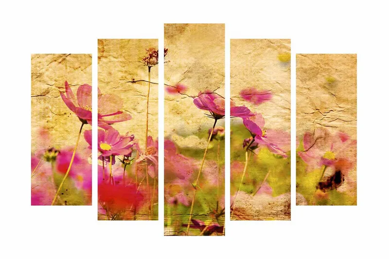 Suuri canvas-taulu 5 osasta 105x70 cm - Värikäs kukkaniitty vaaleanpunaisilla kukilla, Vaaleanpunainen / Keltainen / Vihreä